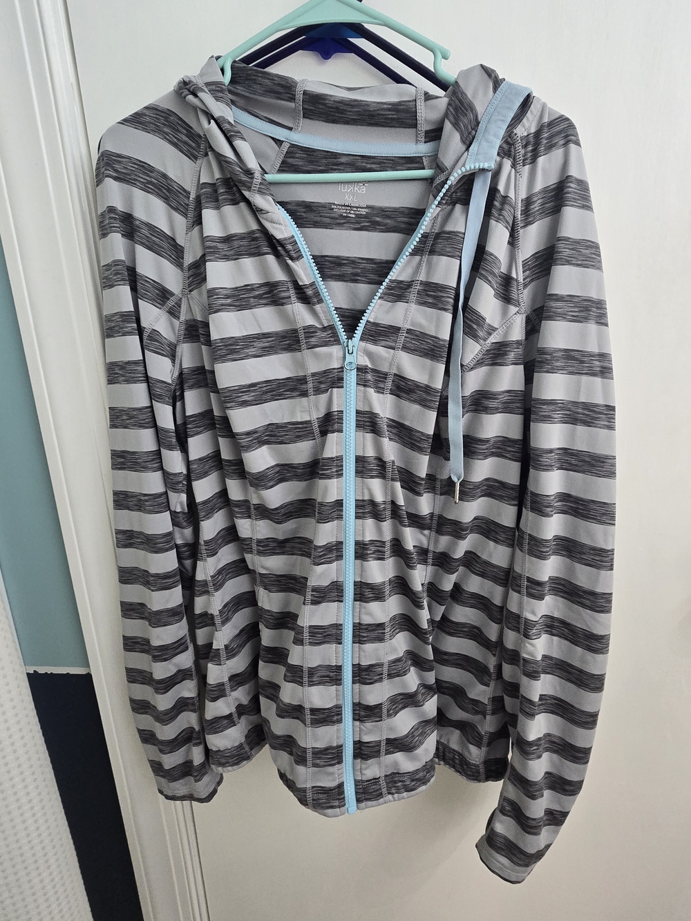 Striped Gray & Light Blue Zip-Up Yoga Hoodie